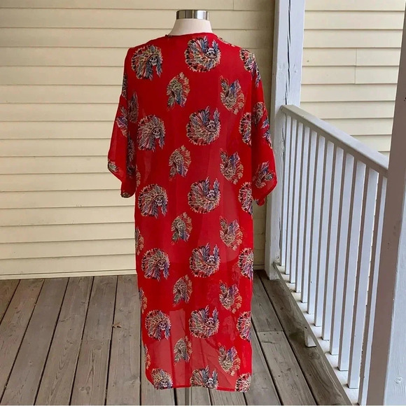 Giddy Up Glamour Kimono Cardigan Chiffon Red Cowboy Skull Print S/M *read - Picture 2 of 8